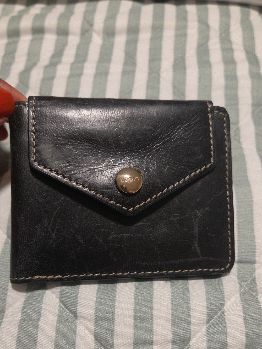 Lodis Black Leather Envelope Snap Wallet with Cream Stitching